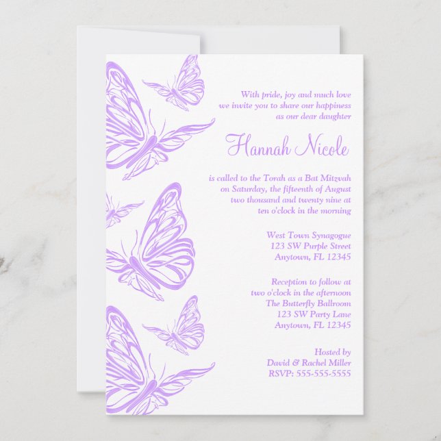 Pretty Purple Butterfly Bat Mitzvah Invitations (Front)