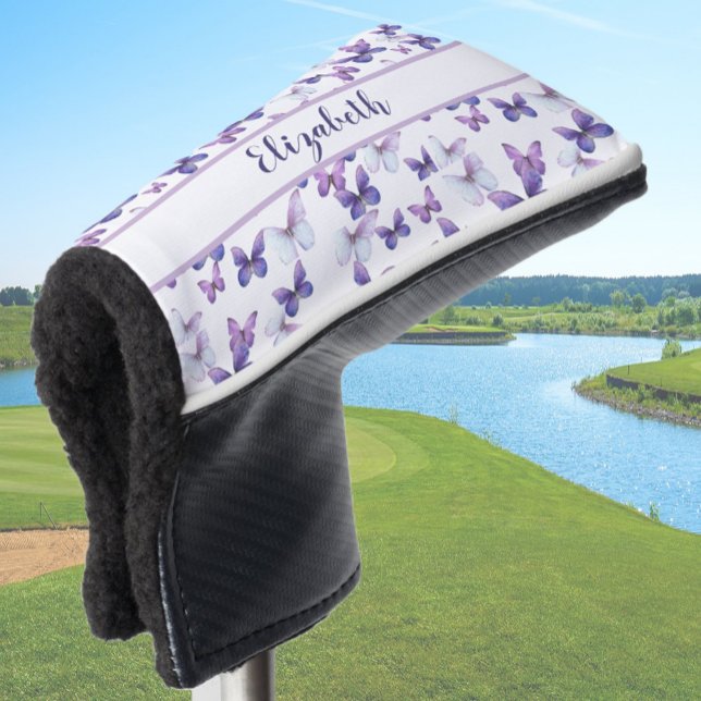 Pretty purple butterfly with custom name ladies golf head cover (Creator Uploaded)