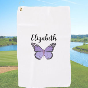 Pretty purple butterfly with custom name ladies golf towel