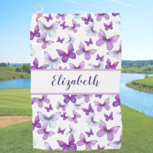 Pretty purple butterfly with custom name ladies golf towel