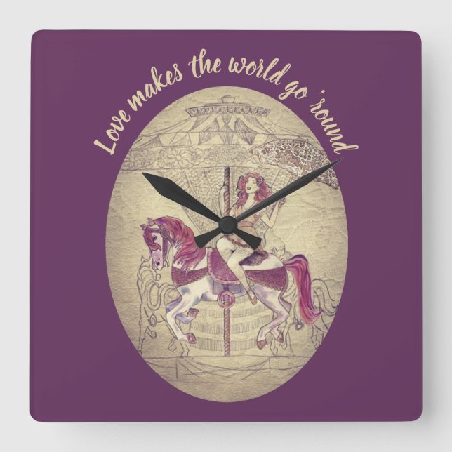 Pretty Purple Carousel Illustration and Quote Square Wall Clock (Front)