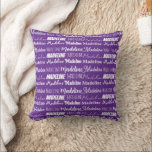 Pretty Purple Customisable Name Collage Cushion<br><div class="desc">A pretty purple personalised throw pillow gift decorated in nine different fonts spelling your name in white. Cute customisable present with fun typography.</div>