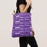 Pretty Purple Customisable Name Collage Tote Bag<br><div class="desc">This pretty personalised purple tote bag is customised with your name in 9 different beautiful fonts. A cute personalised present in violet.</div>