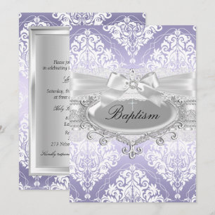 Pretty Purple Damask Bow Baptism Invitation