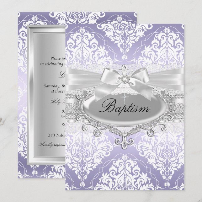 Pretty Purple Damask Bow Baptism Invitation (Front/Back)