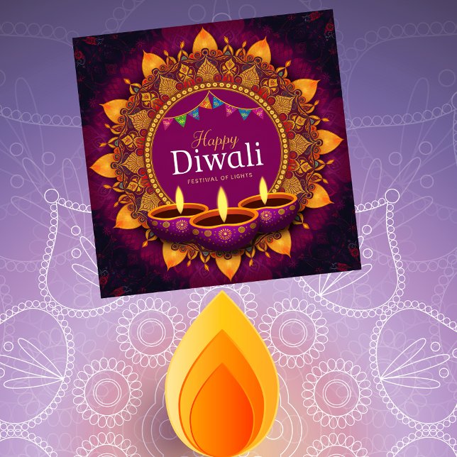Pretty Purple Diya Colourful Mandala Happy Diwali  Holiday Card (Creator Uploaded)