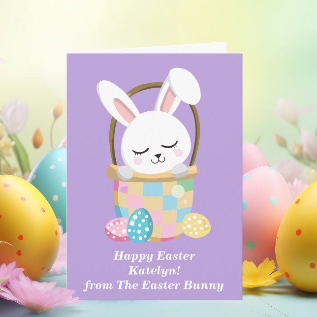 Pretty Purple Easter Bunny Customisable Kids Card (Creator Uploaded)