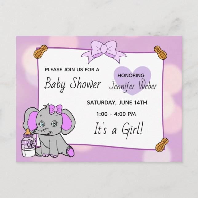 Pretty Purple Elephant Girl's Baby Shower Postcard (Front)