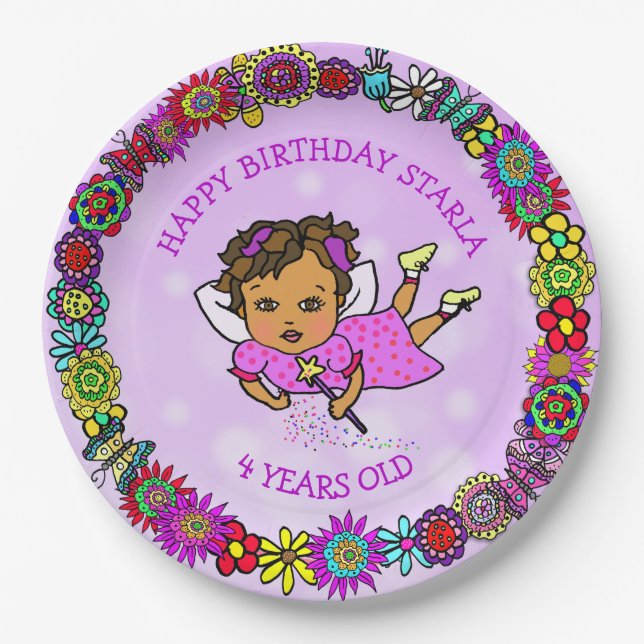 Pretty Purple Fairy and Flower Border Birthday Paper Plate (Front)