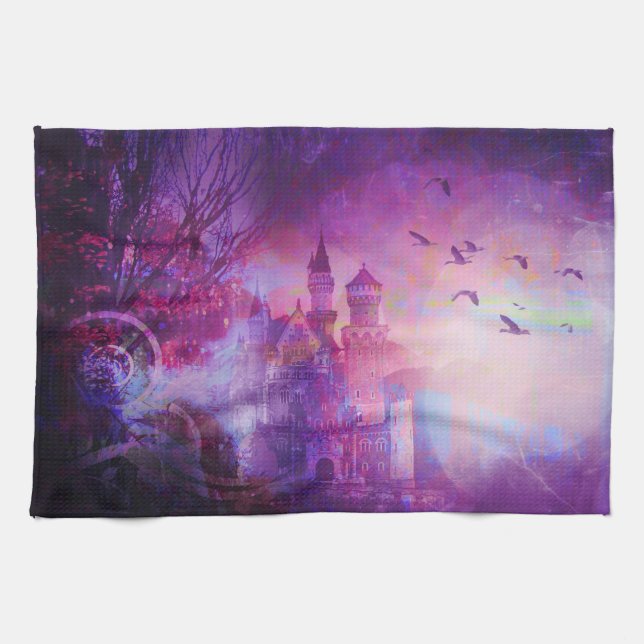 Pretty Purple Fairy Tale Fantasy Castle Tea Towel (Horizontal)