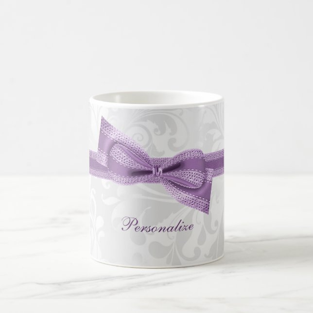 Pretty Purple Faux Bow & Ribbon & Damask Coffee Mug (Center)