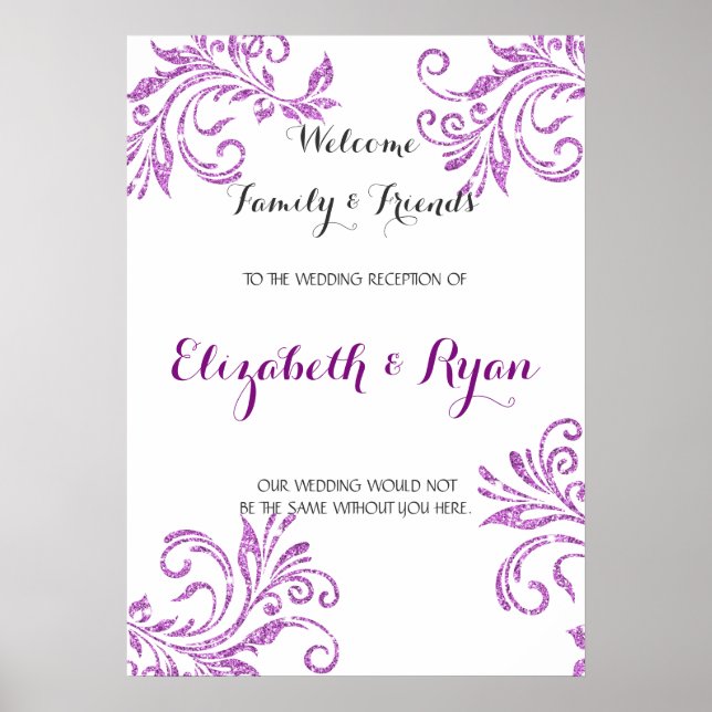 Pretty Purple Faux Glitter, Custom Wedding Welcome Poster (Front)