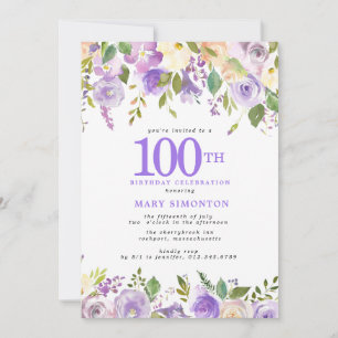 Pretty Purple Floral 100th Birthday Party Invitation