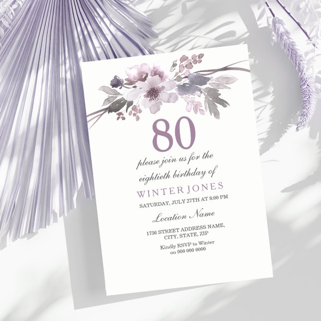 Pretty Purple Floral 80th Birthday Party Invite (Creator Uploaded)