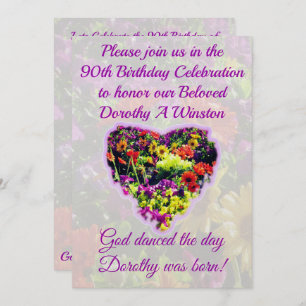PRETTY PURPLE FLORAL 90TH BIRTHDAY INVITATION