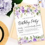 Pretty Purple Floral 90th Birthday Party Invitation<br><div class="desc">Honour a special woman with this elegant and feminine 90th Birthday party invitation. The birthday celebration details are surrounded top and bottom purple floral borders. The floral elements are nestled in deep green leaves. While it is a traditional design, the open and airy botanical foliage and text give it a...</div>