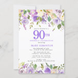 Pretty Purple Floral 90th Birthday Party Invitation<br><div class="desc">Honour a special woman with this elegant and feminine 90th Birthday party invitation. 90th is written in large purple text. Birthday celebration follows. The honoured guest's name is also in blue capital letters. The birthday celebration details are surrounded top and bottom purple floral borders. The floral elements are nestled in...</div>