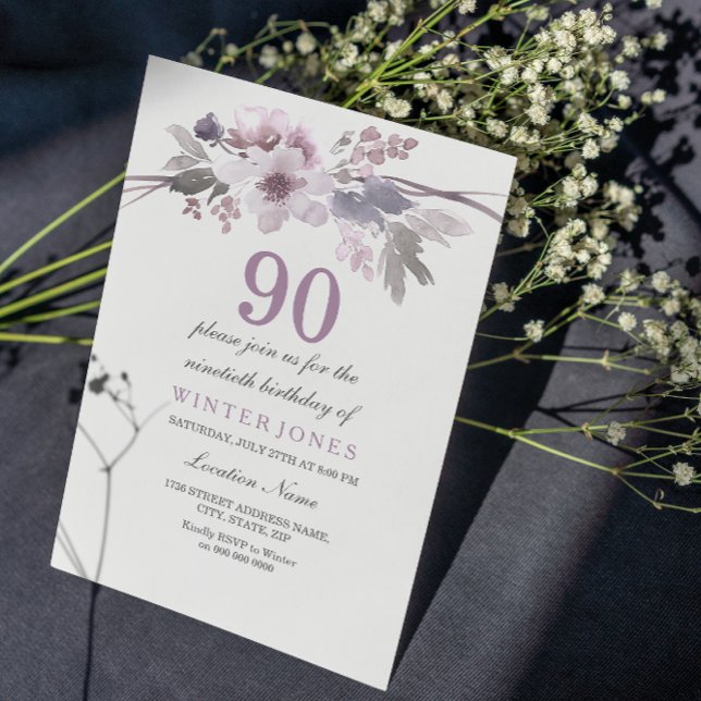 Pretty Purple Floral 90th Birthday Party Invite (Creator Uploaded)
