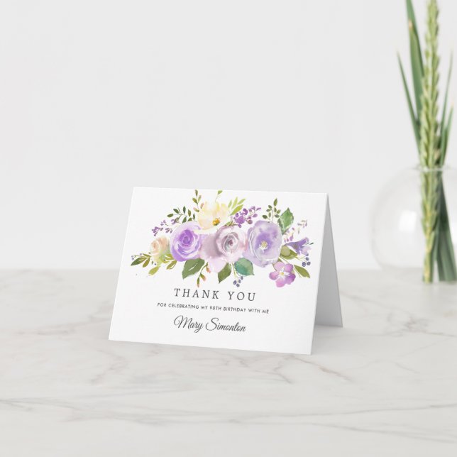 Pretty Purple Floral 90th Birthday Thank You Card (Front)