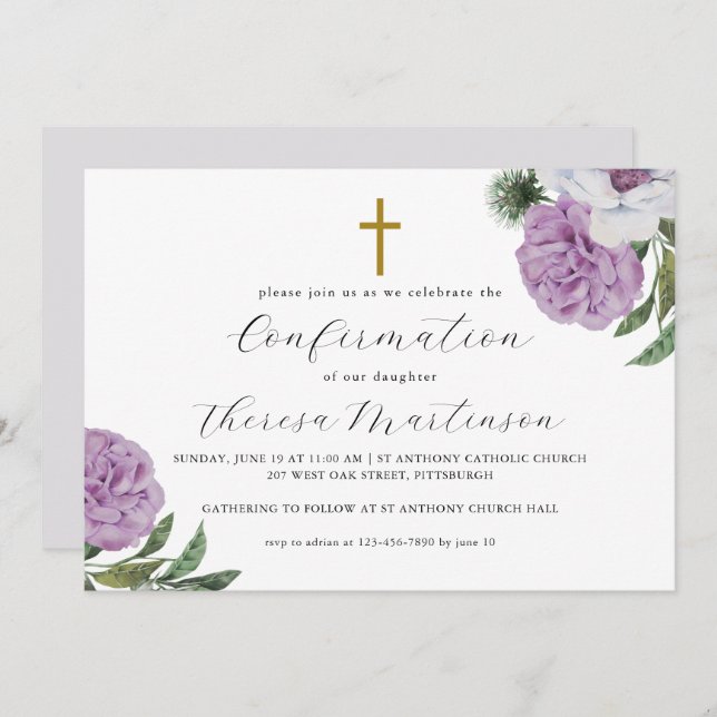Pretty Purple Floral and Cross Confirmation Invitation (Front/Back)