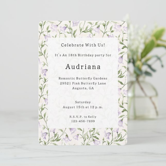 Pretty Purple Floral Birthday  Invitation (Standing Front)
