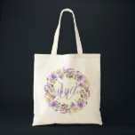 Pretty Purple Floral Monogram Bridesmaid Tote Bag<br><div class="desc">Pretty and feminine purple and white floral pattern.  The front features a rustic floral wreath with your name in dark purple bold letters. Your last name monogram is in light grey italics script. The back sports an all-over floral pattern.</div>