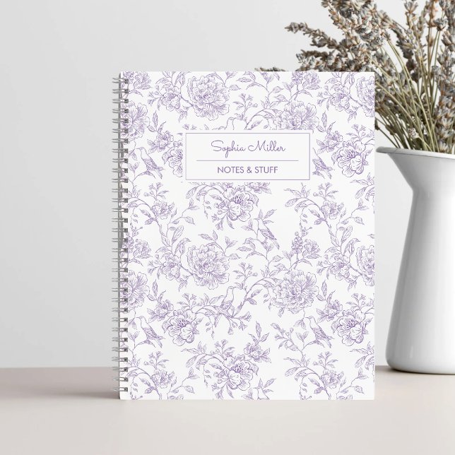 Pretty Purple Floral Pattern with Birds Monogram Notebook (Creator Uploaded)
