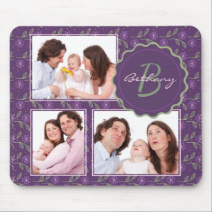 Pretty Purple Floral Photo Collage Personalised Mouse Pad