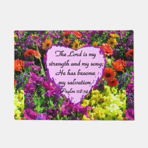 PRETTY PURPLE FLORAL PSALM 118:14 PHOTO DOORMAT