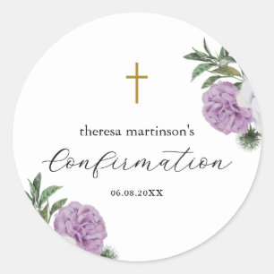 Pretty Purple Floral with Cross Confirmation Classic Round Sticker