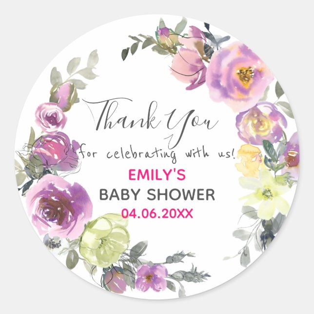 Pretty Purple Floral Wreath Thank You Baby Shower Classic Round Sticker (Front)