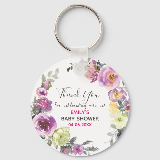 Pretty Purple Floral Wreath Thank You Baby Shower Key Ring (Front)