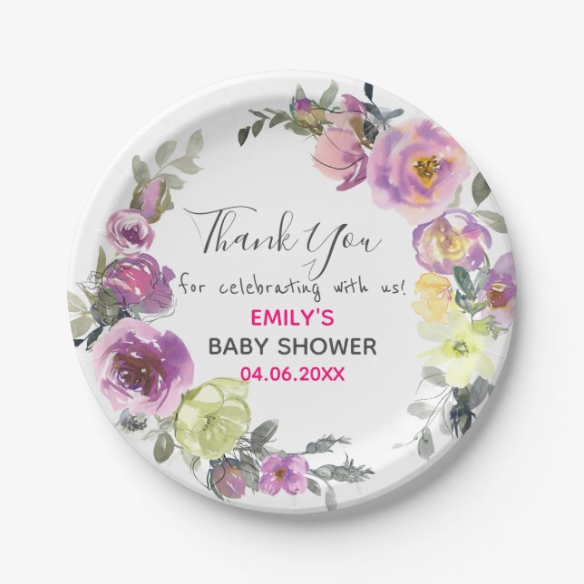 Pretty Purple Floral Wreath Thank You Baby Shower Paper Plate (Front)