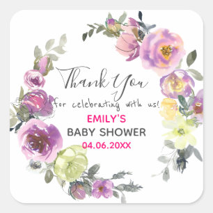 Pretty Purple Floral Wreath Thank You Baby Shower Square Sticker