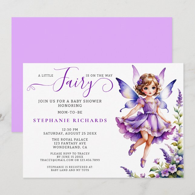 Pretty Purple Flower Fairy Baby Shower Floral Invitation (Front/Back)