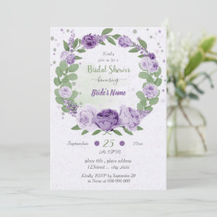 Pretty purple flowers green wreath bridal shower  invitation