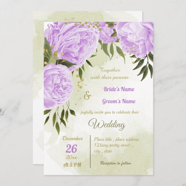 pretty purple flowers greenery geometric wedding invitation (Front/Back)