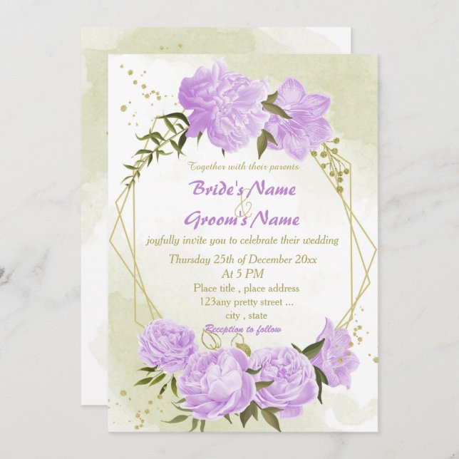 pretty purple flowers greenery geometric wedding invitation (Front/Back)