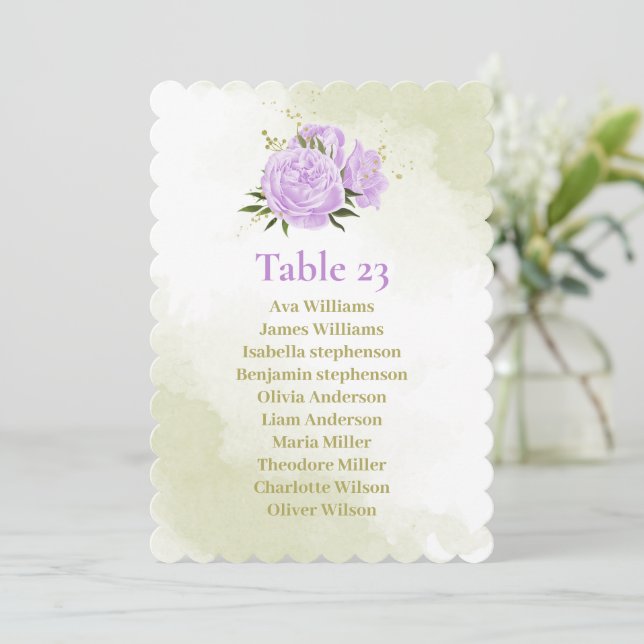 pretty purple flowers greenery seating chart card (Standing Front)