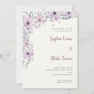 Pretty Purple Flowers Romantic White Cream Wedding Invitation