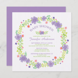Pretty Purple Flowers Wreath Girls Baby Shower Invitation