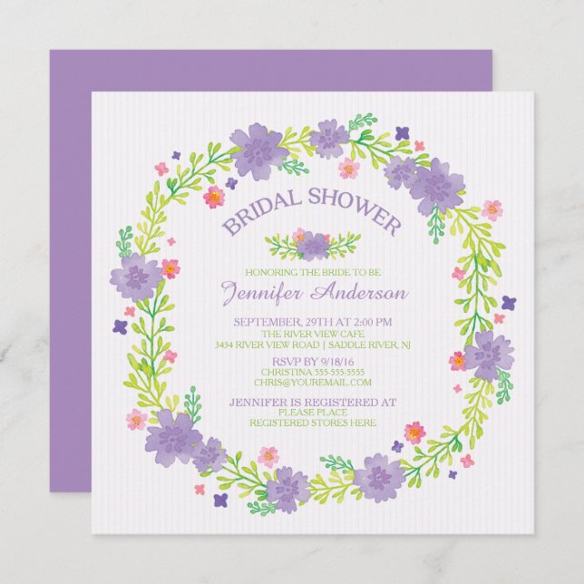 Pretty Purple Flowers Wreath Spring Bridal Shower Invitation (Front/Back)