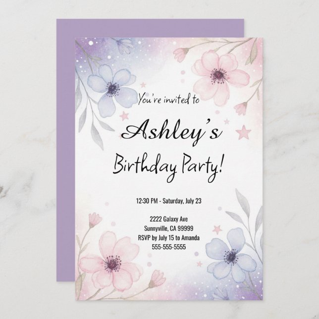 Pretty Purple Girl's Flower Birthday Party Invitation (Front/Back)