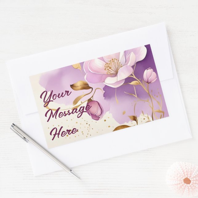 Pretty Purple Gold Floral  Rectangular Sticker (Envelope)