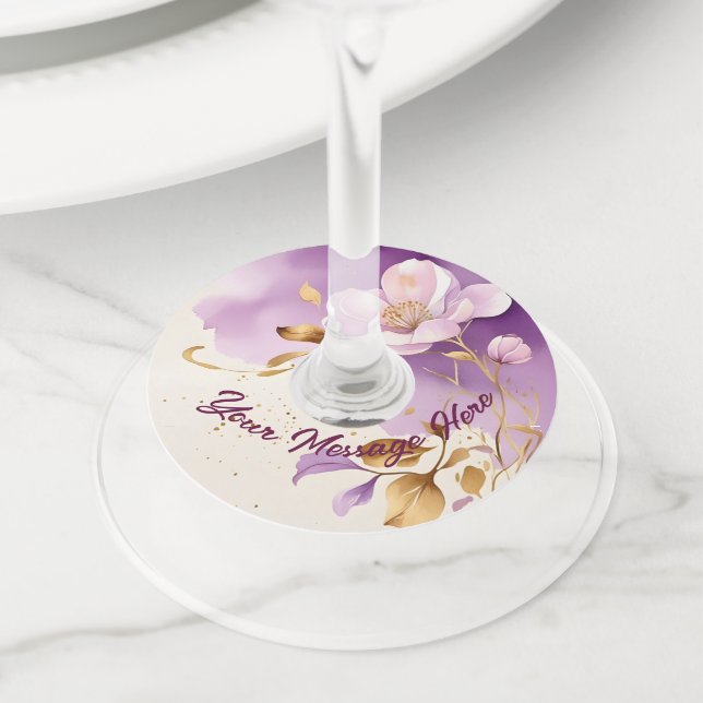 Pretty Purple Gold Floral  Wine Glass Tag (Close Up)