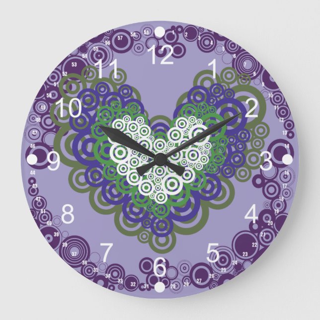 Pretty Purple Green Hearts and Circles Pattern Large Clock (Front)