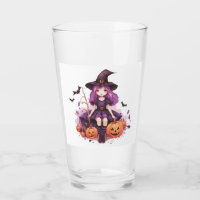 Pretty Purple Haired Witch Pumpkins & Bats