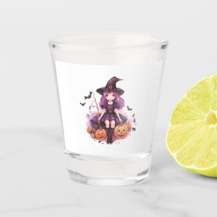 Pretty Purple Haired Witch Pumpkins & Bats Shot Glass