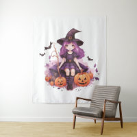 Pretty Purple Haired Witch Pumpkins & Bats