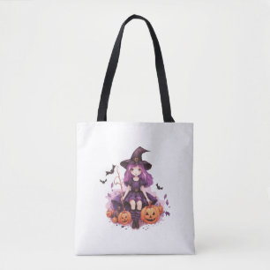 Pretty Purple Haired Witch Pumpkins & Bats Tote Bag